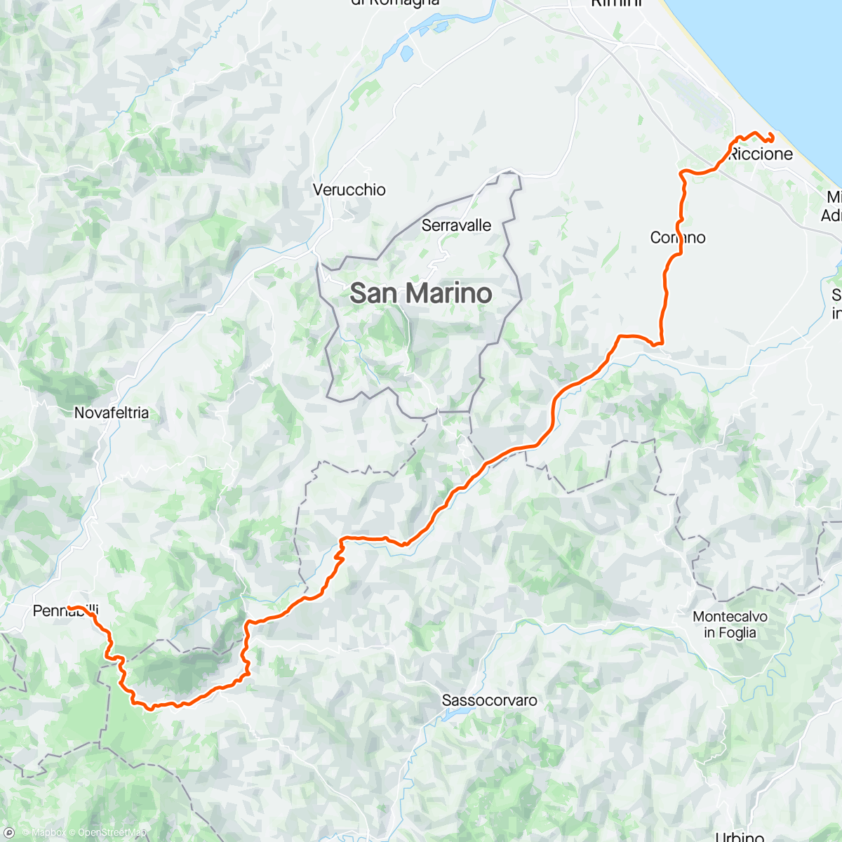 Mapa da atividade, NFCC Training Camp Day 5. Climb to Pennabilli for lunch rv at Sant’ Agata Feltria