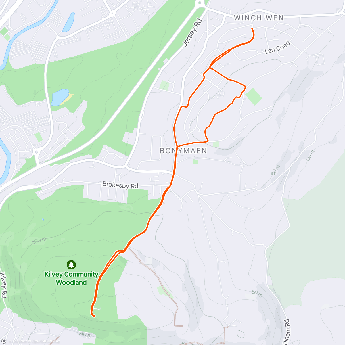 Map of the activity, Up the hill again
