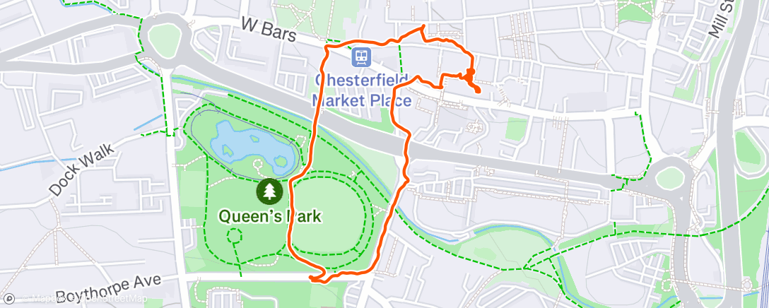 Map of the activity, Afternoon Walk - Queens Park to Chesterfield town centre