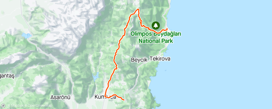 Map of the activity, Kemer-Kumluca ride ( lastik patlağı ile tamamlanamayan rota)