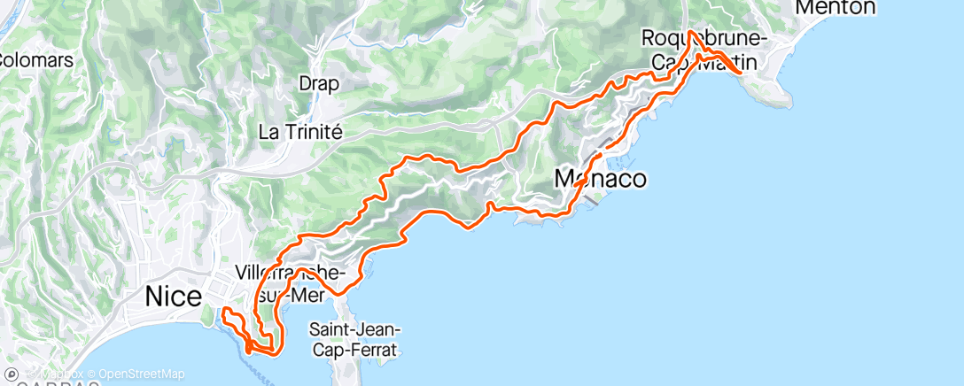 Karte der Aktivität „Roquebrune - LaTurbie - Col d’Eze - Grande Corniche - montBoron - NicePort - Villefranche - St.Laurent d’Eze - Moyenne Corniche”