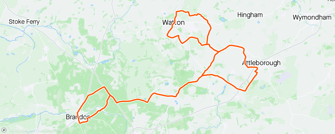 Map of the activity, Velo watton meet up to Brandon country park
