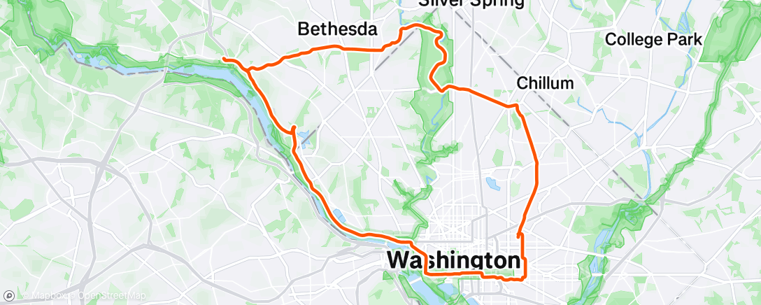 Map of the activity, Bethesda, Rock Creek, MBT, Capital Crescent 29mi