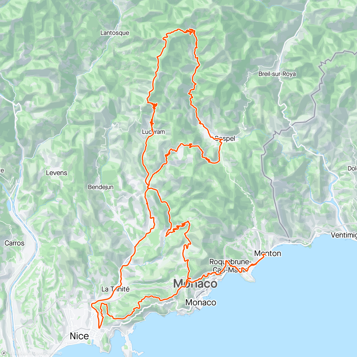 Карта физической активности (Menton dag 2 - Col de Braus, Col de Turini og Col de Eze)