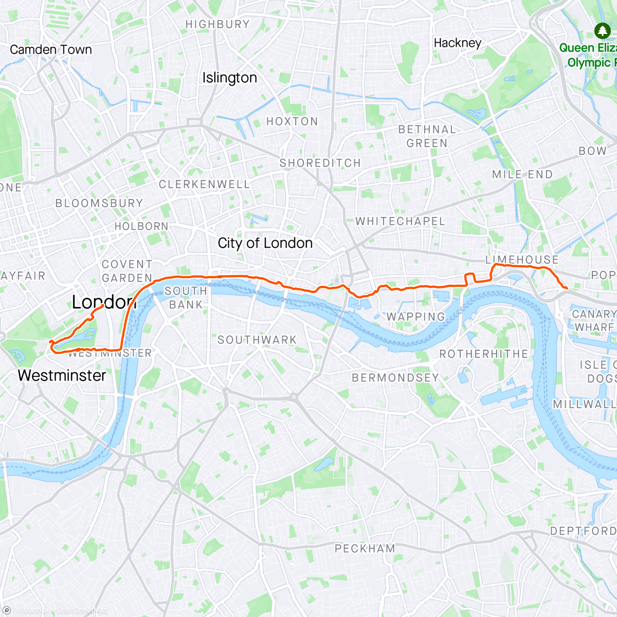 Map of the activity, London Marathon watching part 4 - last 6 miles with Lucy ⛅