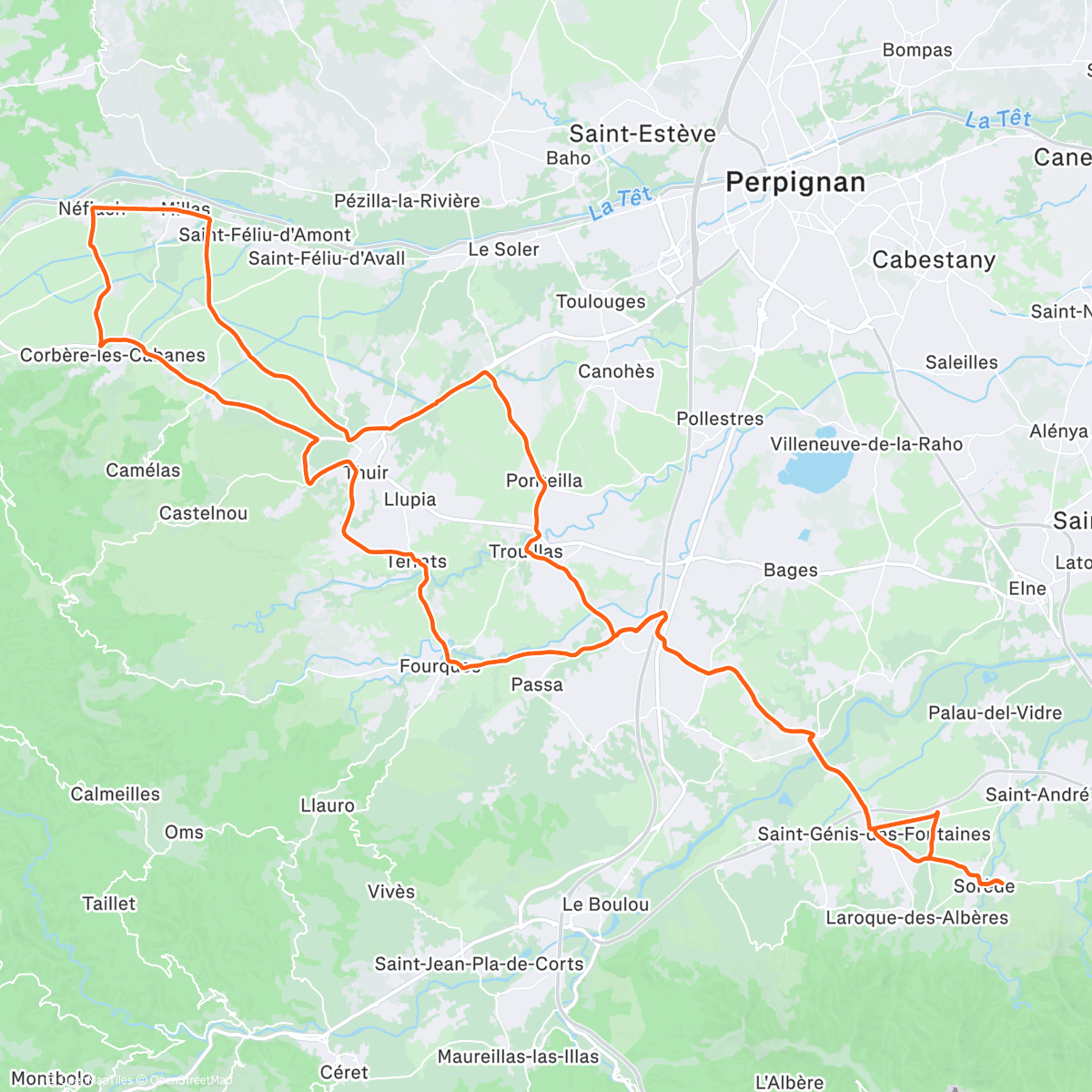 Карта физической активности (Première de l’année parcours VCA avec un départ 10 minutes en retard Fourques Sainte Colombe la déchèterie Néfiach Millas Thuir Ponteilla Trouillas)