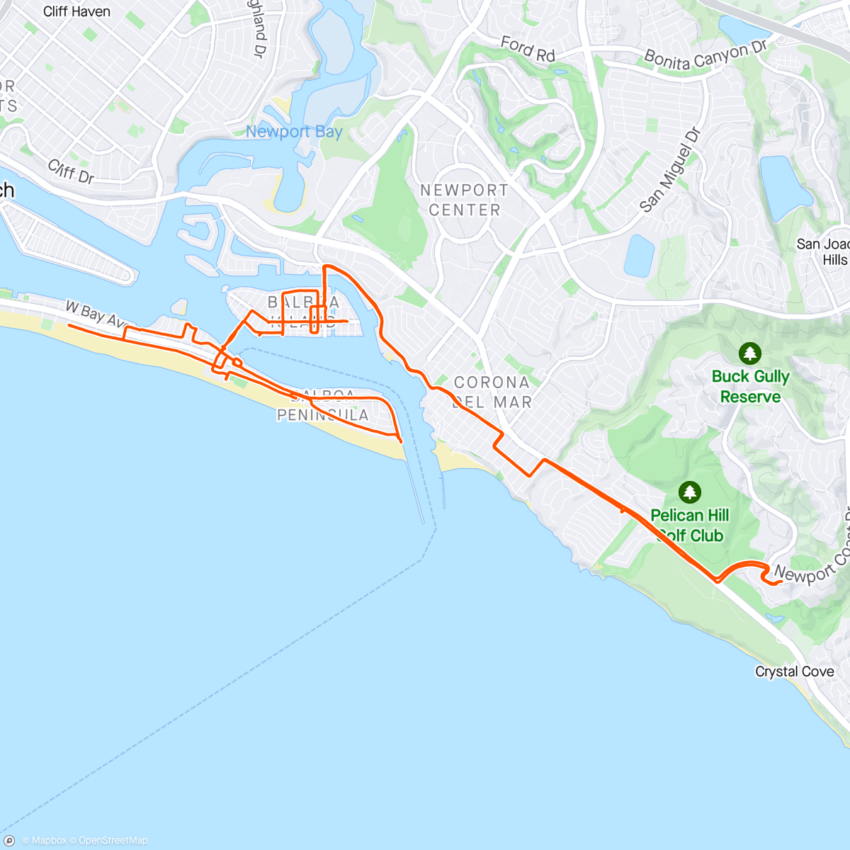 Mapa da atividade, To Balboa Island, across the ferry, to the peninsula, and back to Crystal Cove