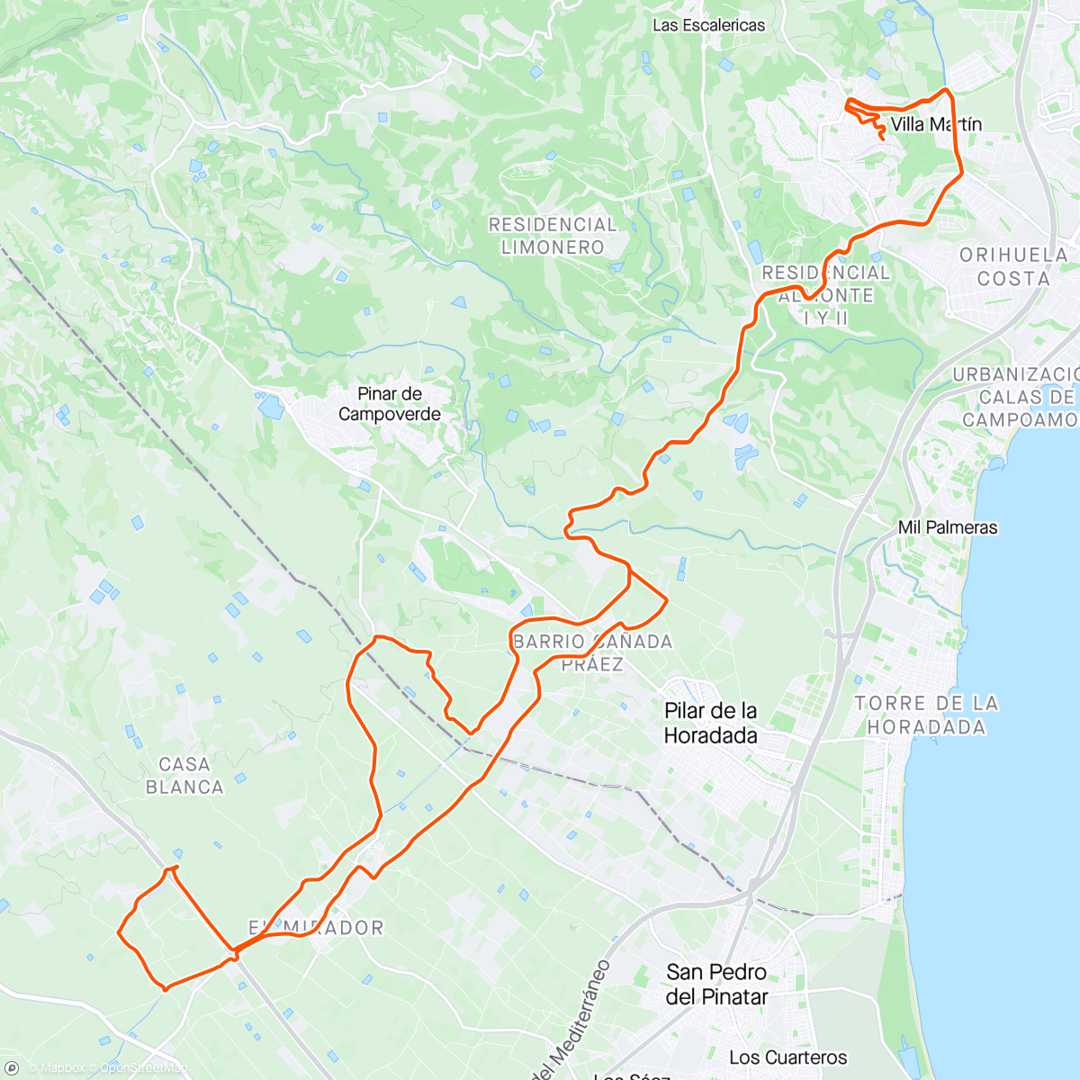 Map of the activity, A warm Morning Ride to Mirador + a few extra twists and turns.22*c     W/Di.