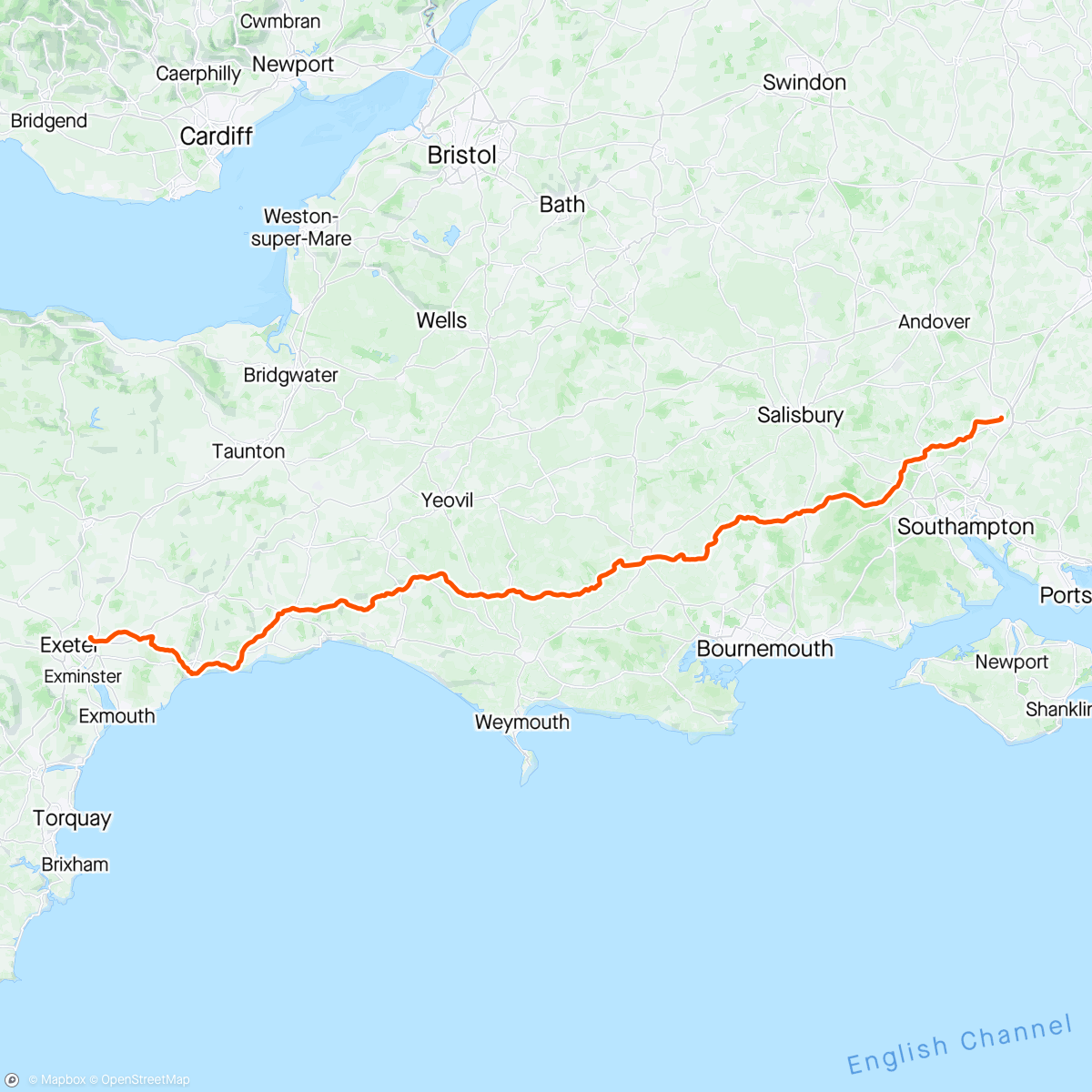 Map of the activity, Winchester - Exeter: Wessex Traverse