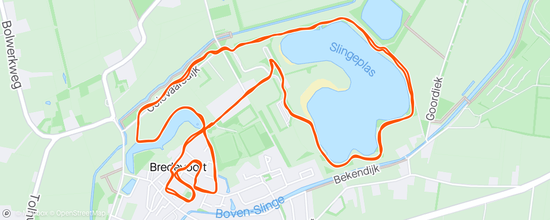 活动地图，Grachtenloop Bredevoort, splittijden 5km, 22m20 - 20m52