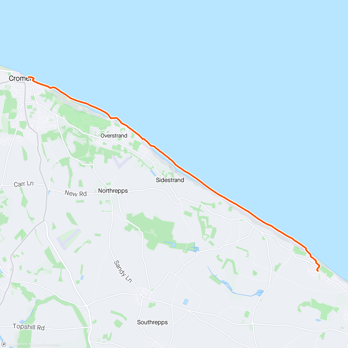 Map of the activity, Cromer to home barefoot and a paddle