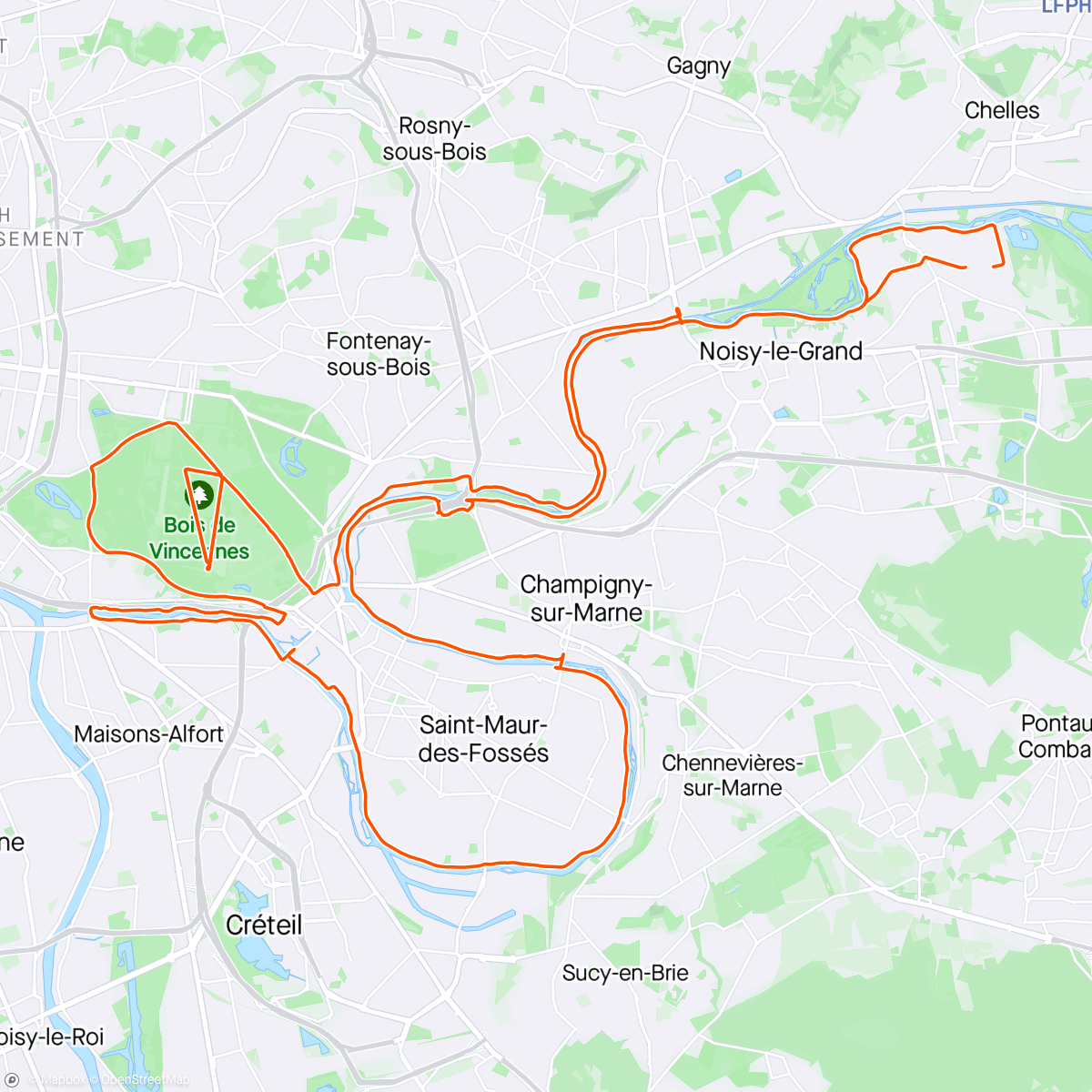 Map of the activity, Sortie vélo le midi, la Boucle de Saint Maur et le Polygone de Vincennes, nuages et soleil 🚴🌤️⛅🌥️ 15°