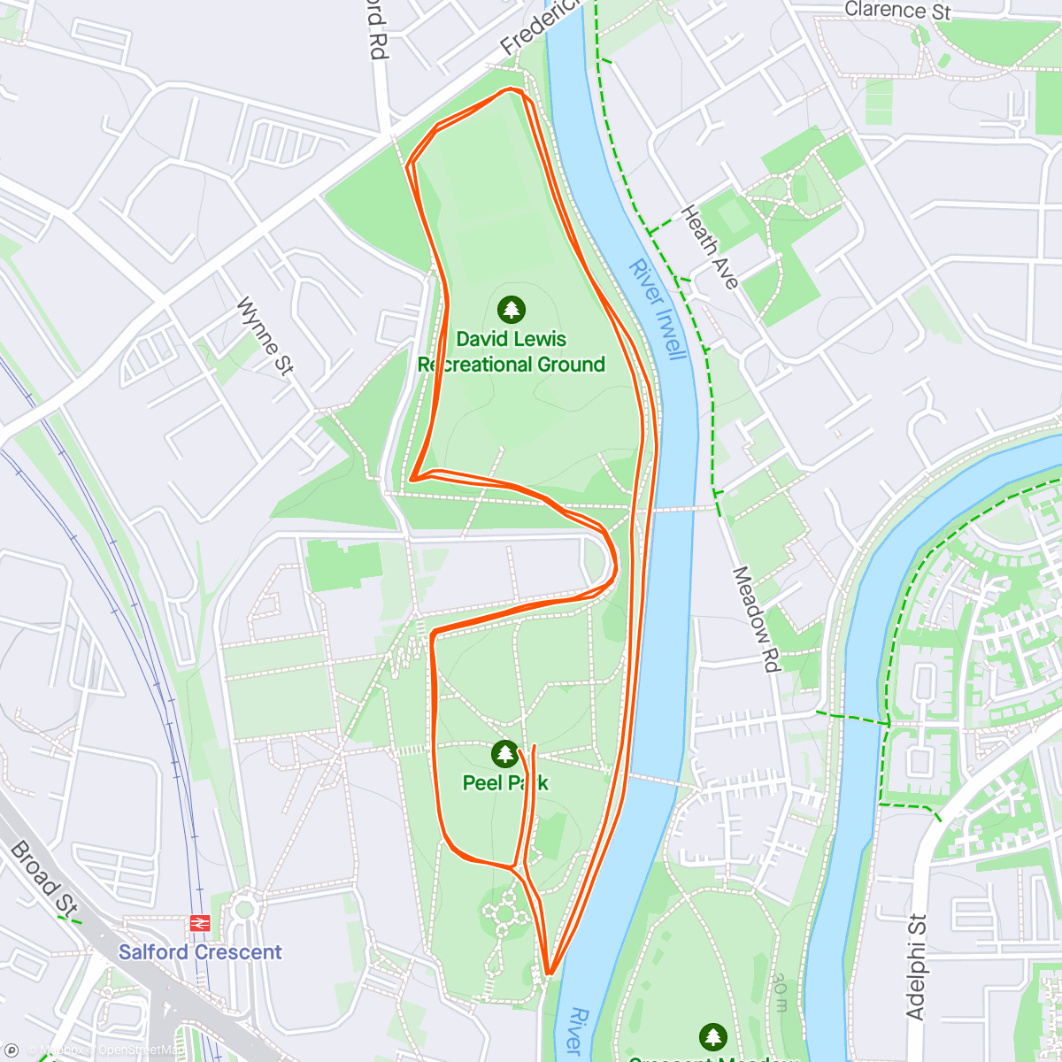Map of the activity, Peel P/run with Nova 🐶🏃‍♂️First sub 21 @ Peel for a while 👊 funnel manager today very busy 🗣️ pleased with over 80% age grade it’s been a while 💪