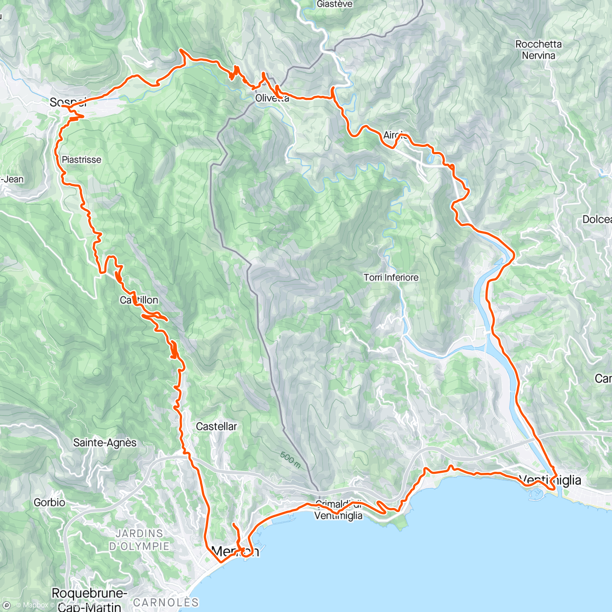 Mapa de la actividad (Menton dag 1 - Col de Vescavo - Sospel - Col de Castillon)