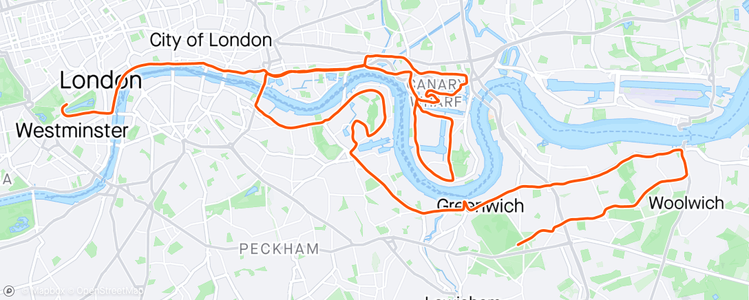 アクティビティ「London Marathon - happy with the time considering the lack of marathon training. The legs didn’t  like the last 10k.」の地図