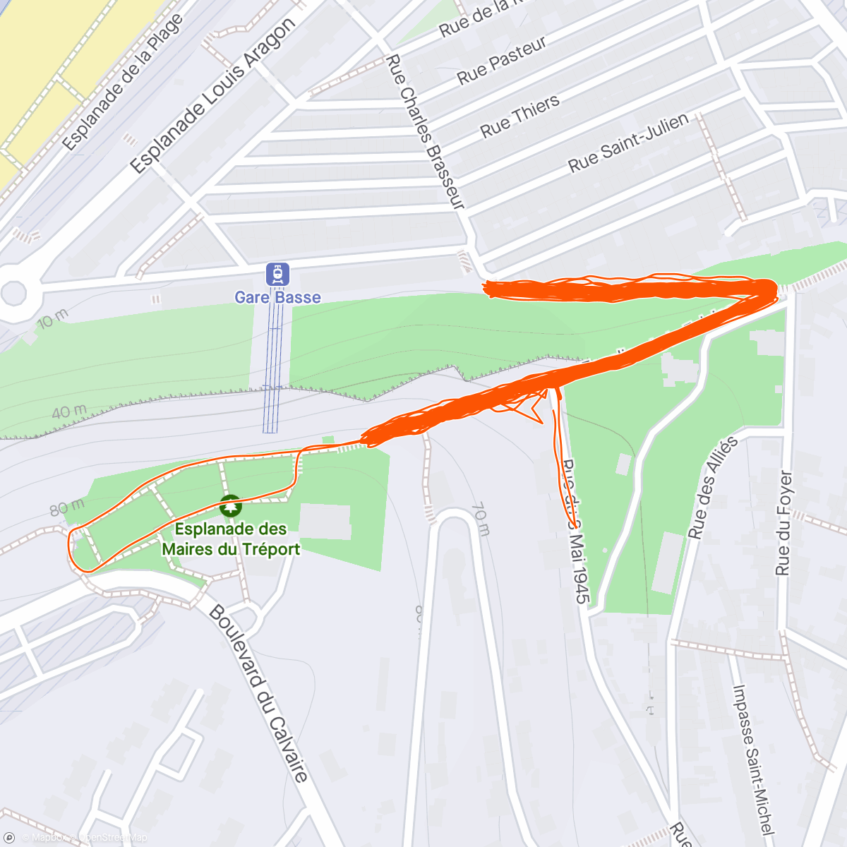 Map of the activity, Sortie dénivelé - 21 x l'escalier du Tréport avec ses 408 marches.
Bon ressenti jusqu'à la dernière marche.