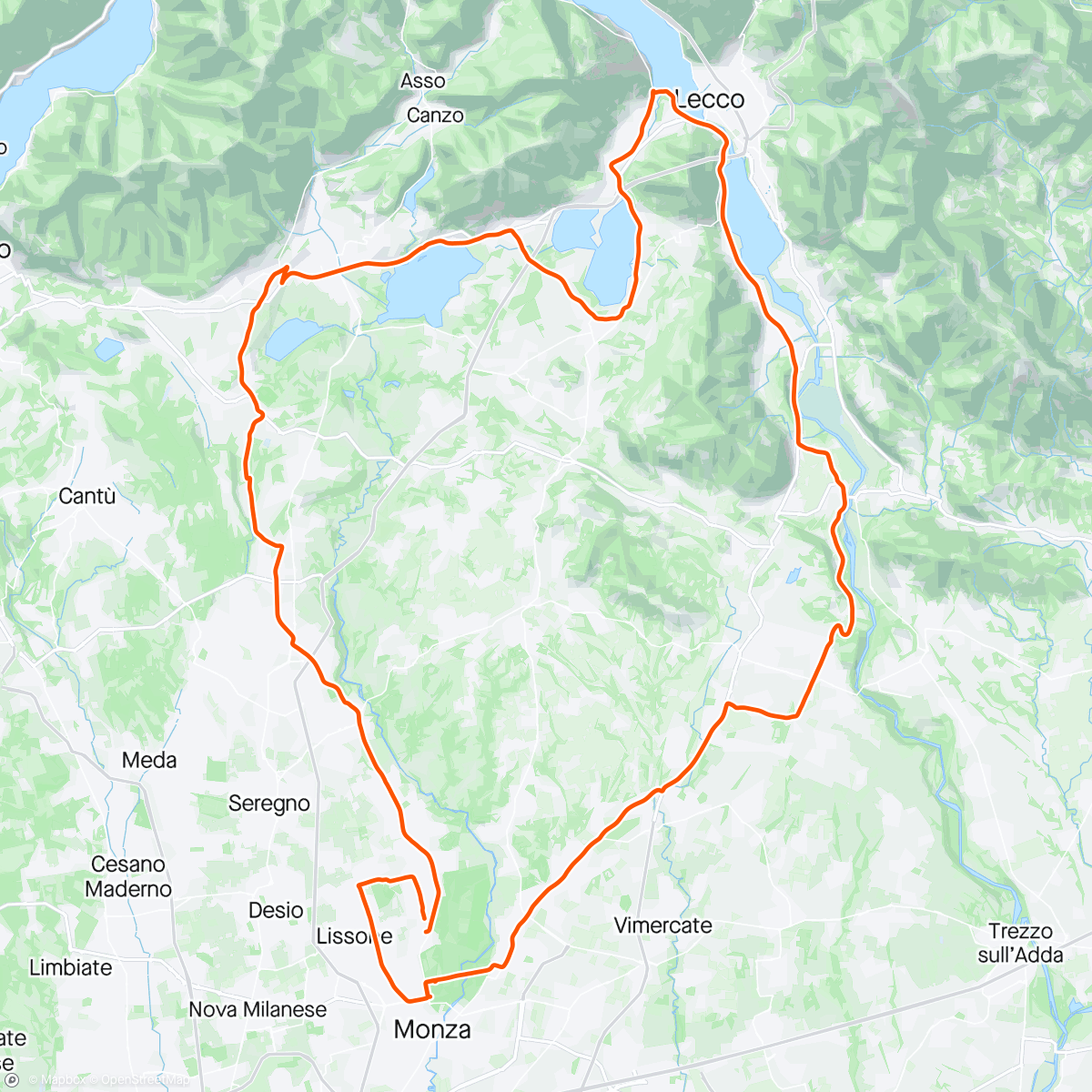 Mapa de la actividad (Vedano - Ronco Briantino - Brivio - Valmadrera - Oggiono- Lago di Pusiano- Anzano - Giussano  - Carate - 🏡)
