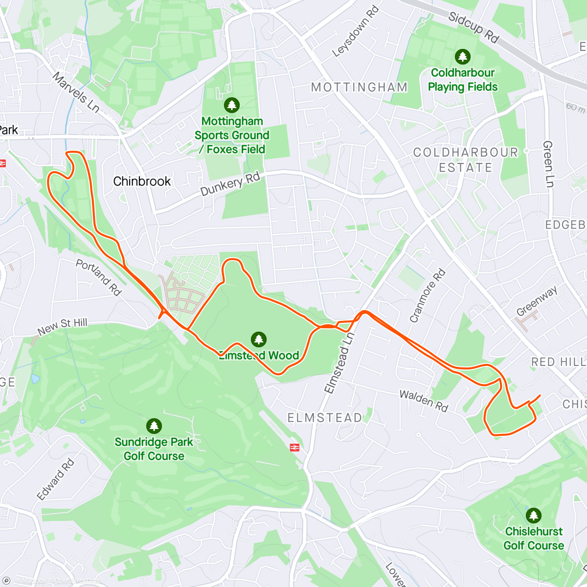 Map of the activity, Chislehurst to Chinbrook Meadows & back.