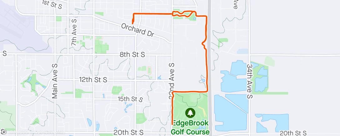 Map of the activity, Today’s training called for an “undulating route” — so I did my best for Brookings terrain; 65°
