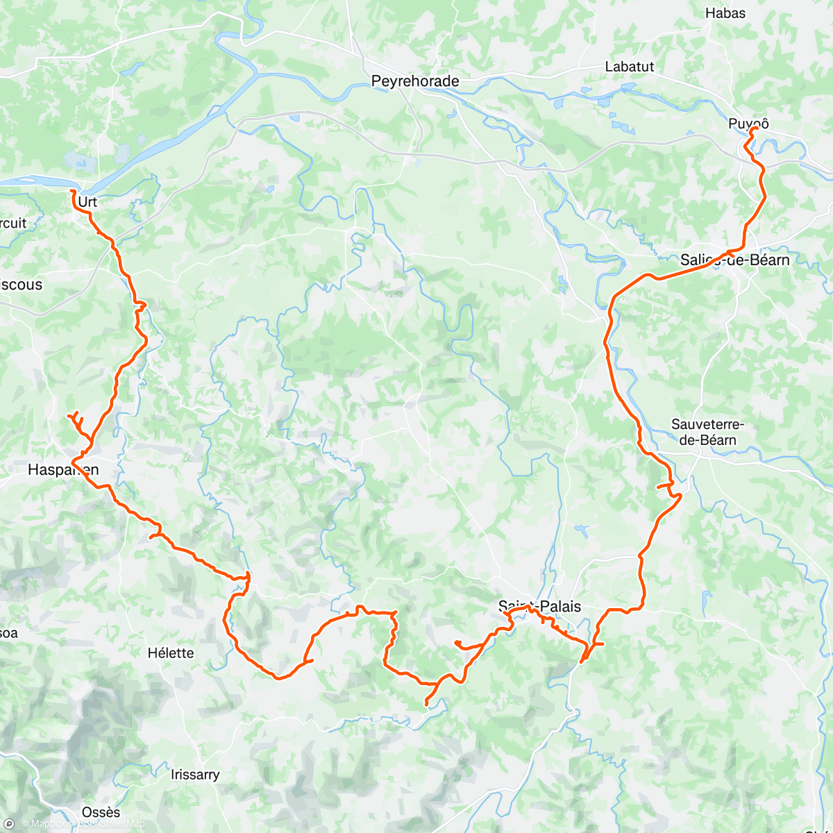 Map of the activity, Puyoô -> Bellocq -> Salies-de-Béarn -> St-Palais -> Beyrie-sur-Joyeuse-> Armendarits -> St-Esteben -> Bonloc -> Hasparren -> Urt