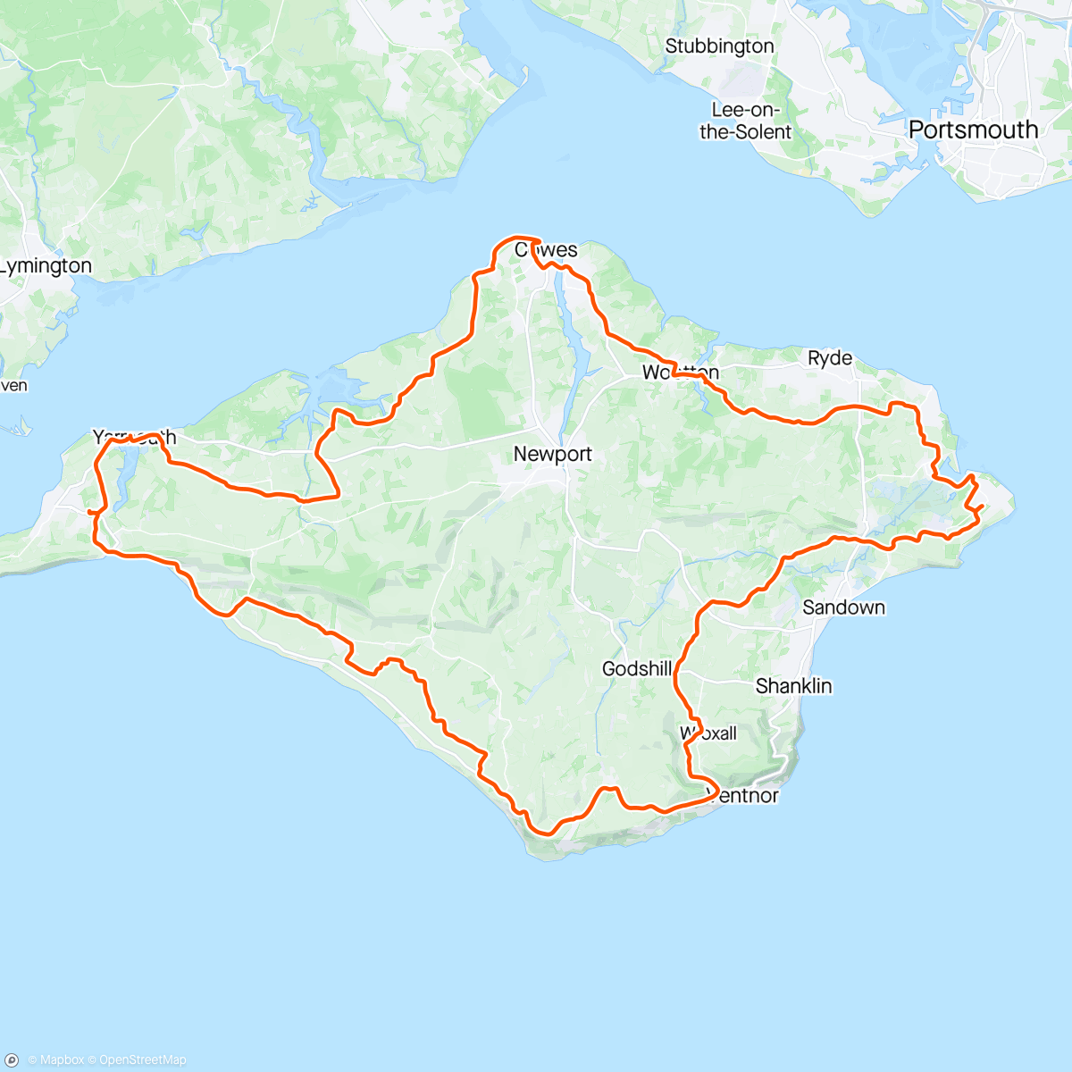 Map of the activity, Steady ride around the IOW.