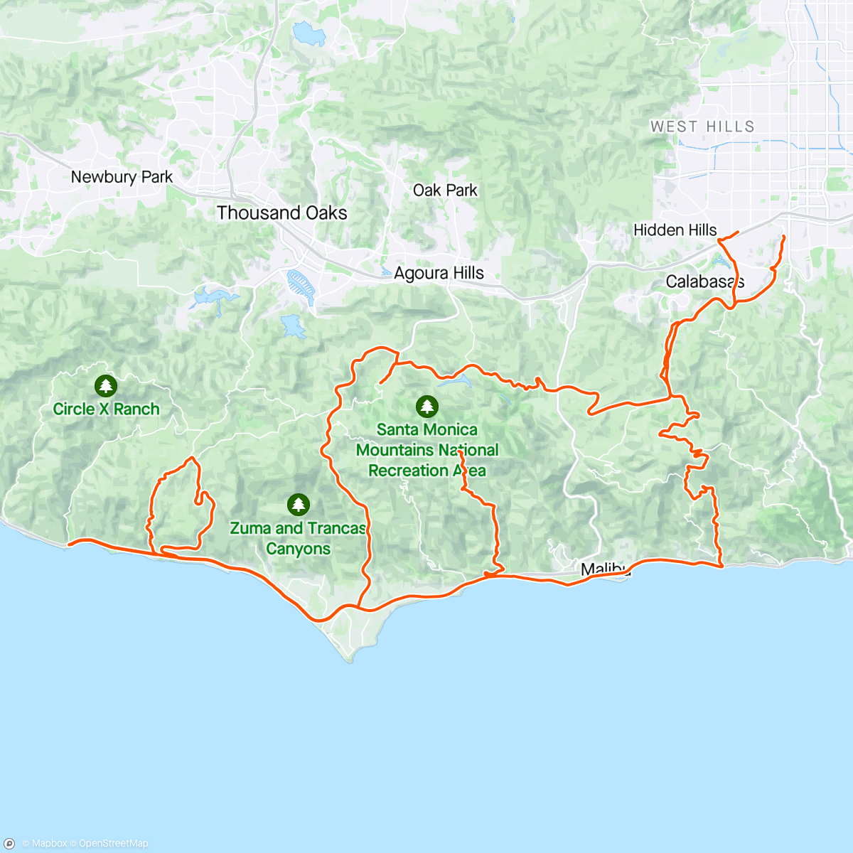 Map of the activity, Just a few weeks out from Malibu Cookie Camp so I wanted to survey the storm damage. Will have to make a couple route tweaks but plenty of climbs in great shape