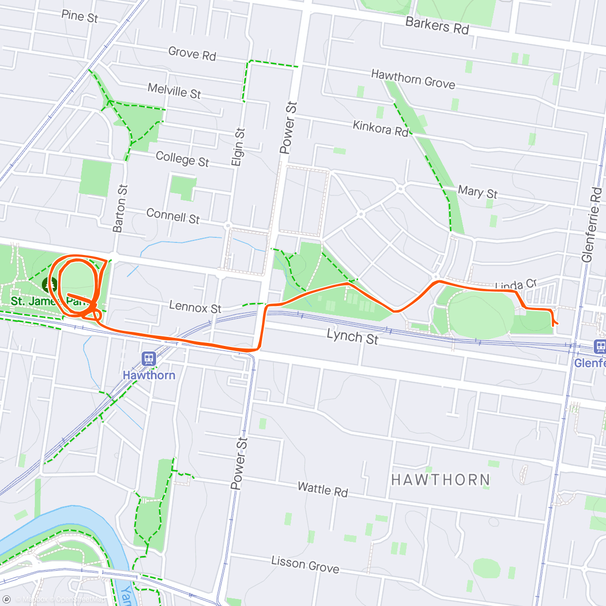 Map of the activity, HRG - St.James Park, Hawthorn - Coaches, run, walk, talk and run a bit more (cutting laps with the youngins) 🏃‍♀️🏃⏱️