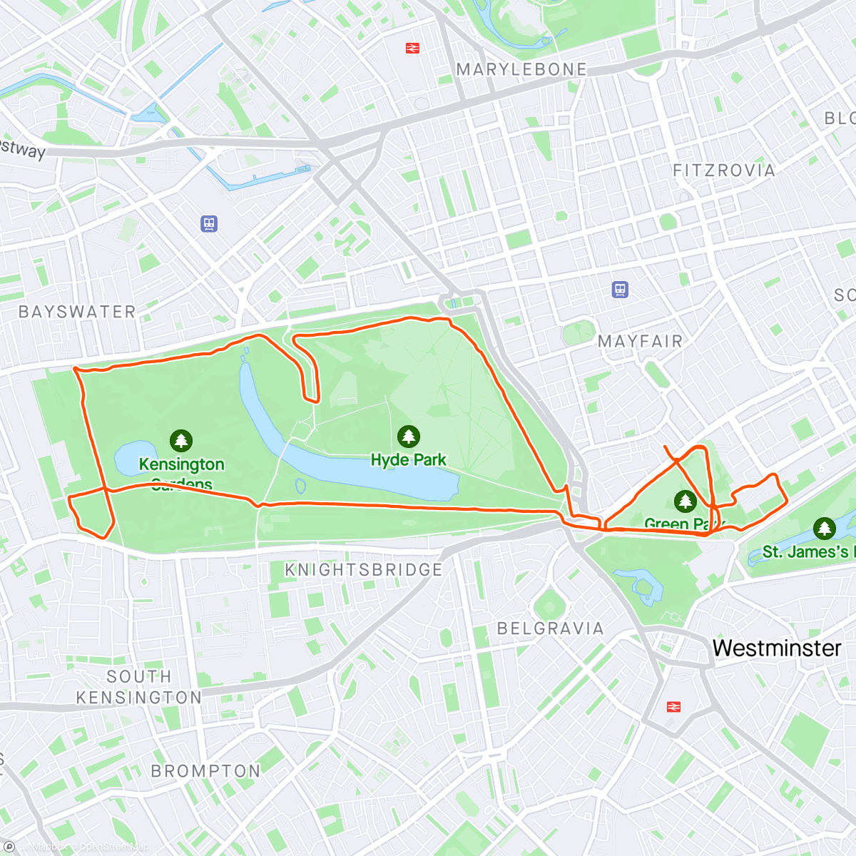 Map of the activity, Rolig LKJ Green Park, Hyde Park & Kensingston Gardens