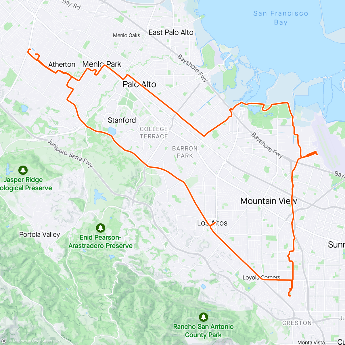 Map of the activity, Tony’s Thursday Ride to Moffett and the Space Bar (from home)