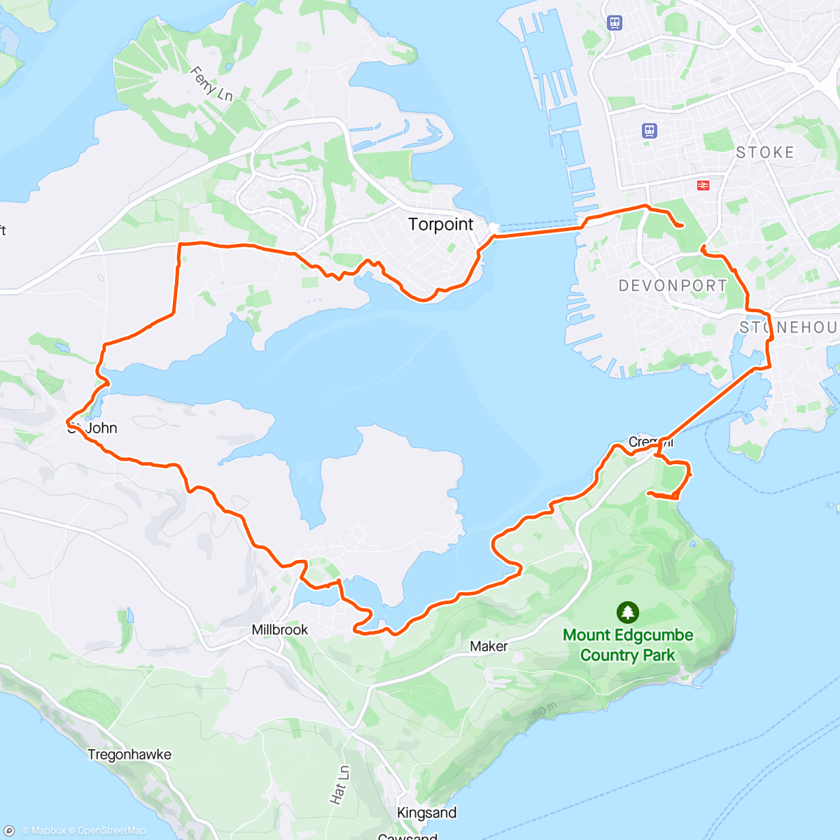 Mapa de la actividad, Tamara Way with the Ramblers from Devonport Park. Out via the Torpoint Ferry, back via the Cremyl Ferry 😊.