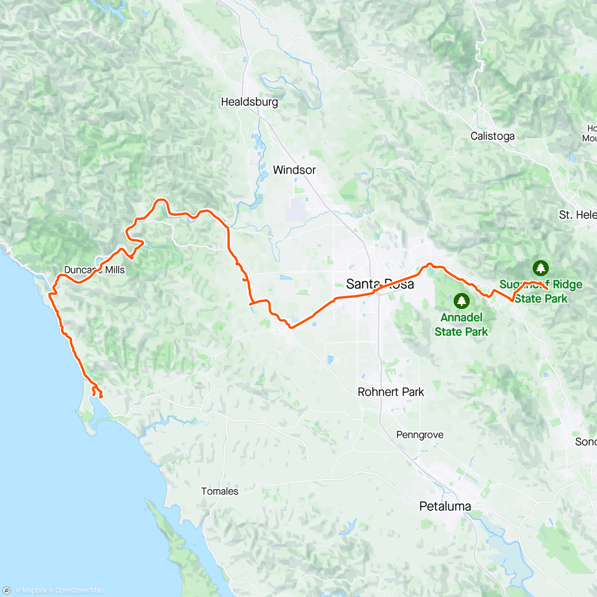 Map of the activity, bikepacking day 2: sugarloaf ridge ➡️ bodega dunes