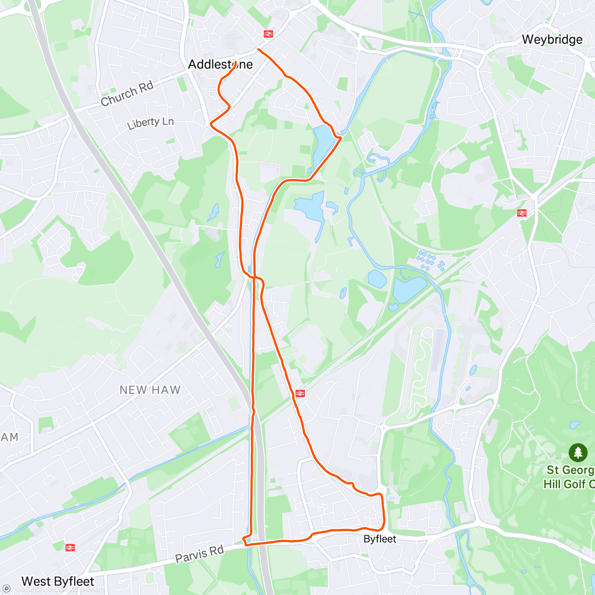 Map of the activity, Addlestone to Graffiti Underpass to Brooklands to Wey Navigation Loop Anticlockwise