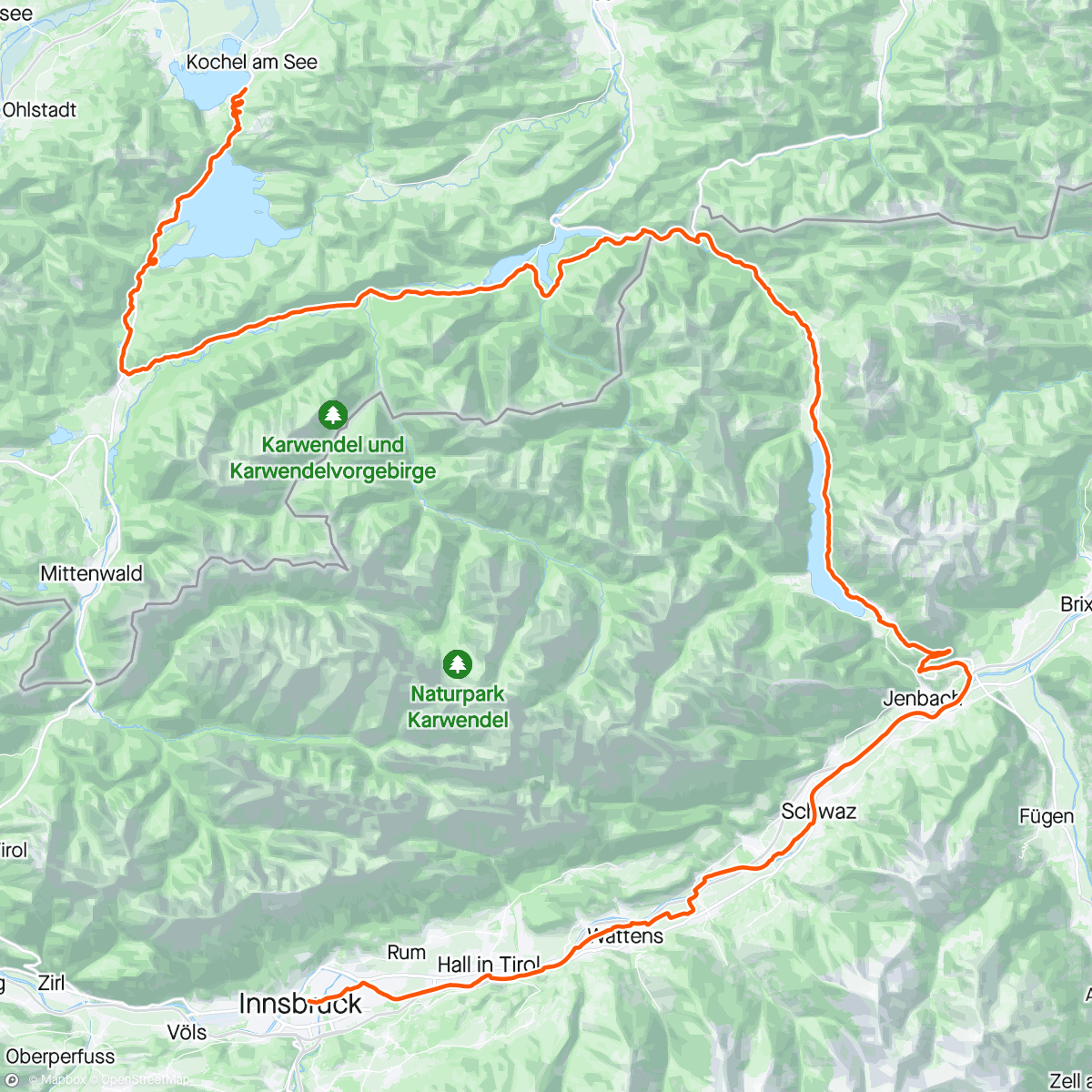 Map of the activity, Alpengaudi #2: 
Kochelsee ➡️ Innsbruck