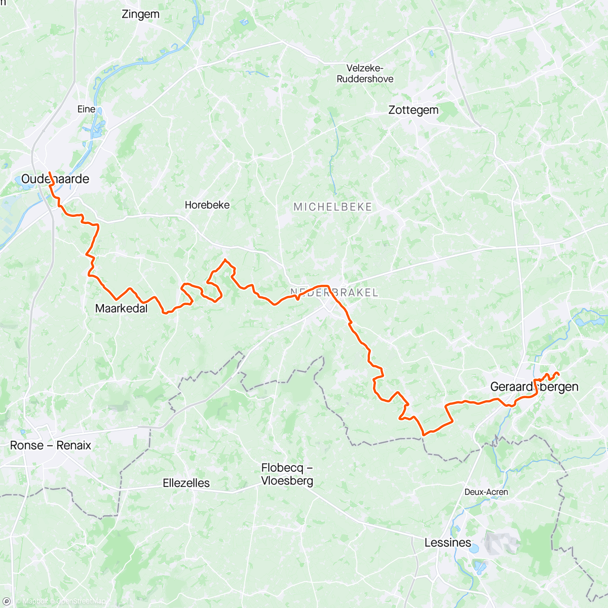 Map of the activity, Oudenaarde to Geraadrsbergen: Part of the Tour of Flanders Route with the Muur for the finishing climb..
