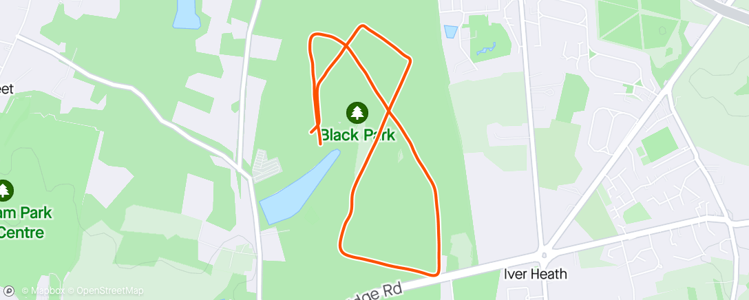 Map of the activity, Black Park parkrun with Fi, Gillian and Ronan. Run /walk. More than 4 mins faster than my last time visiting BP.