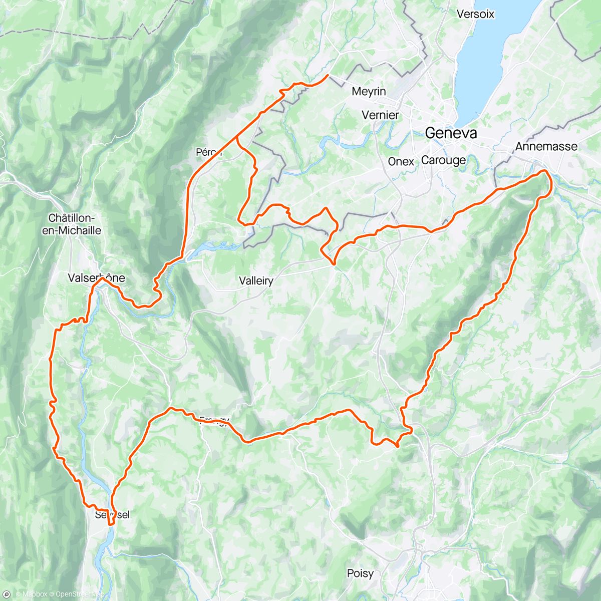 Map of the activity, Sortie Route Pays de Gex - Valserhône - Billiat - Seyssel - Frangy - Cruseilles - Salève par Le Sappey avec Mathieu et Valentin