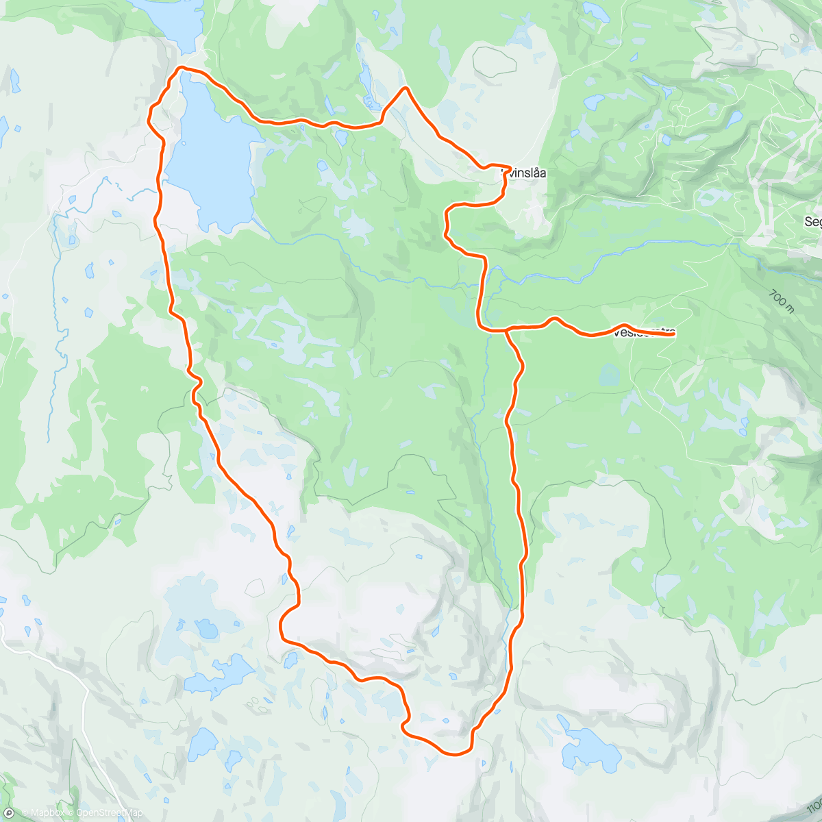 アクティビティ「Svinslåa-Vendalen-Rognhøgda-Skarbua-retur ned Bjørkelia」の地図