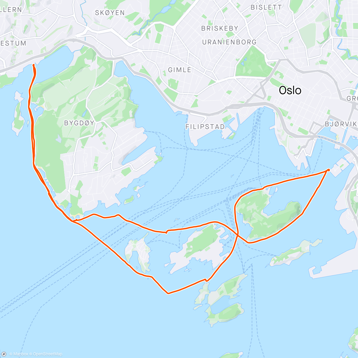 Map of the activity, Kaffe på Sørenga med Fredrik. 3 ruller på Huk.
