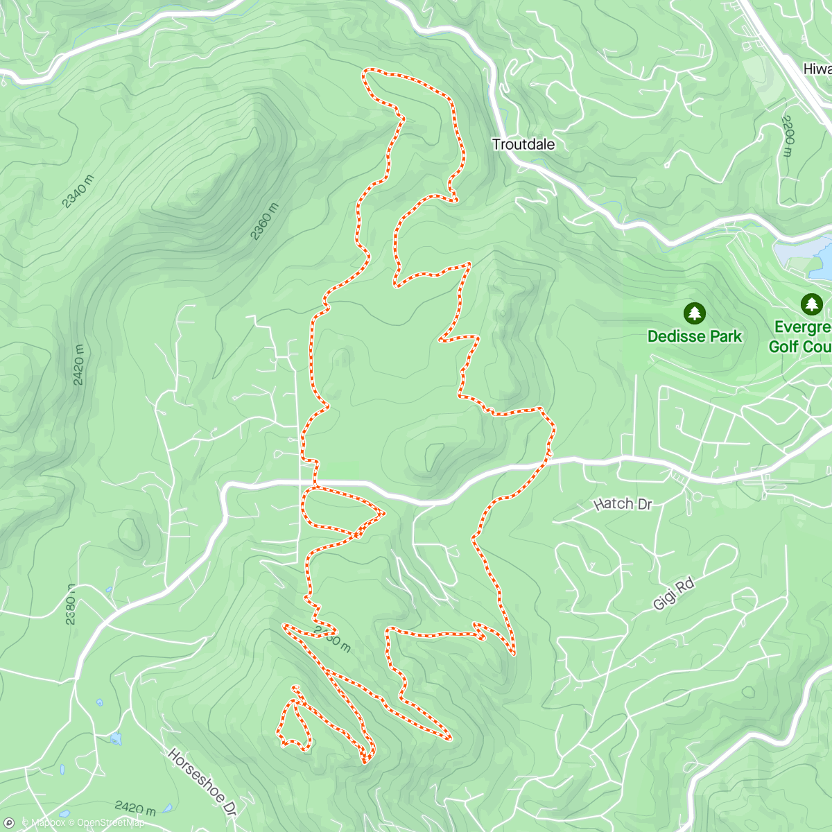 Map of the activity, Second time at Three Sisters, Evergreen. I felt MUCH better this time! Over double the climbing & mileage & I did Summit Loop.