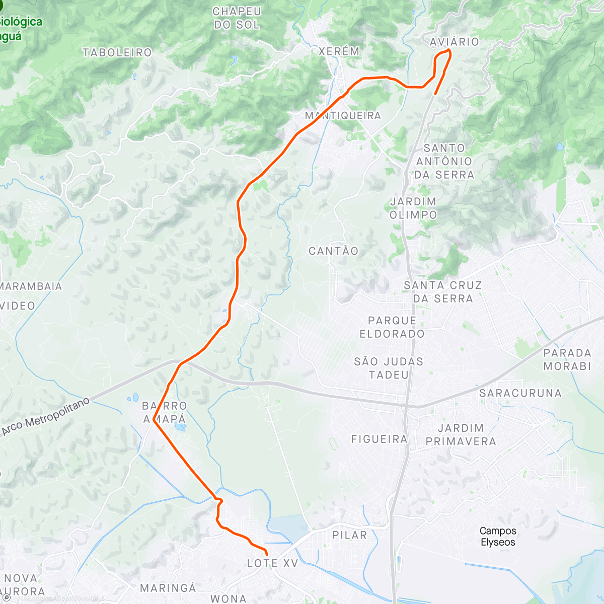 Map of the activity, Hoje foi dia de Berro d'água, rua do norte, subida até o queijao descendo a trilha do chiqueiro.