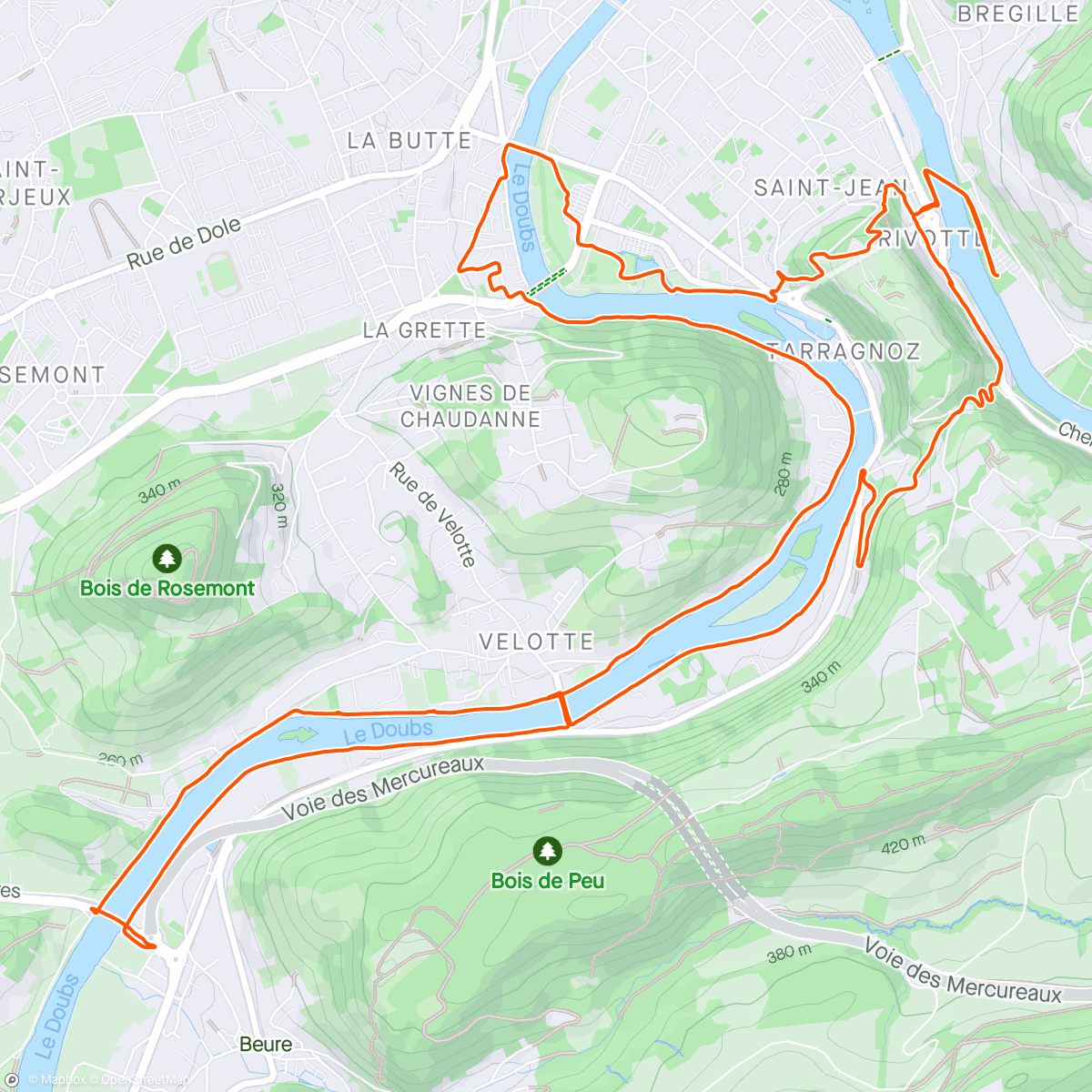 Map of the activity, 🏃🏽‍♀️ un peu de route ce matin…le long du Doubs en passant par la chapelle des buis et finir par la Citadelle