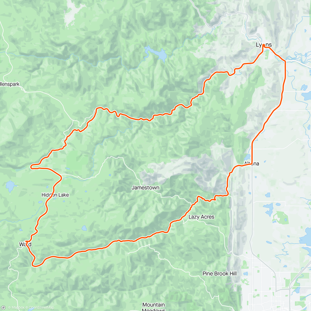Map of the activity, Loco Boulder Day 4. Left hand canyon to Ward across the ridge road and down to Lyon and back to Buckingham Park.