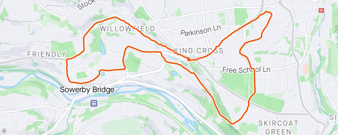 Map of the activity, Very pleased with the time of this run considering the hills we did and only had to have one 2min recovery walk in the middle. Thanks Steve!