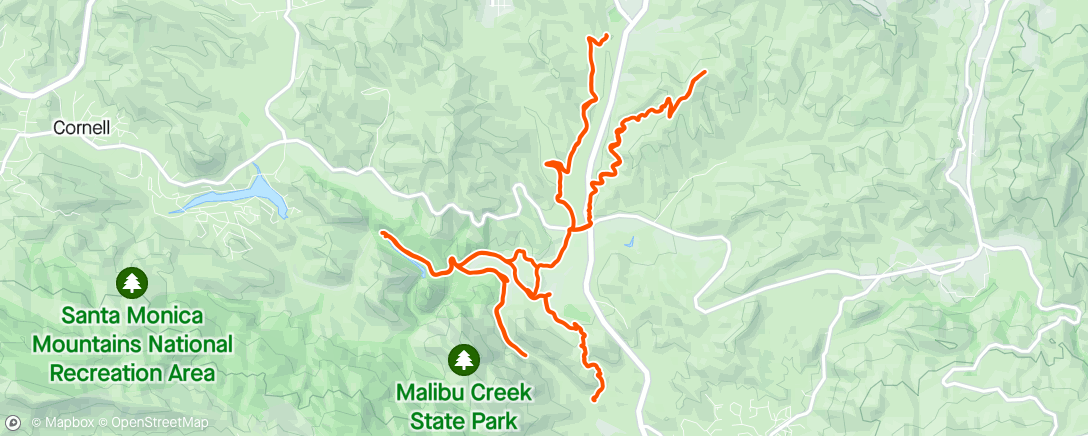 Mapa da atividade, Change of plans. I meant to do the Bulldog Mesa Motorway loop, but I couldn’t find a way across the river to the MASH site.  Did a bunch of out and back loops around Malibu creek and Calabasas instead.