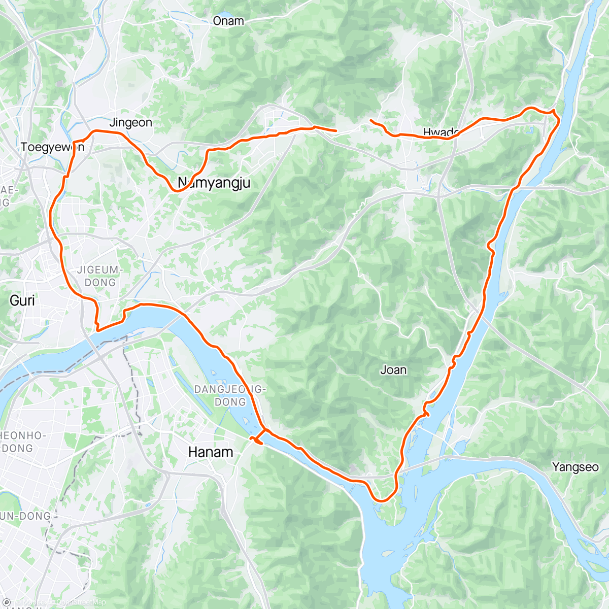 Mappa dell'attività 민혁쿤 과 남양주 한바퀴 반대방향 으로 돌아서 라이딩