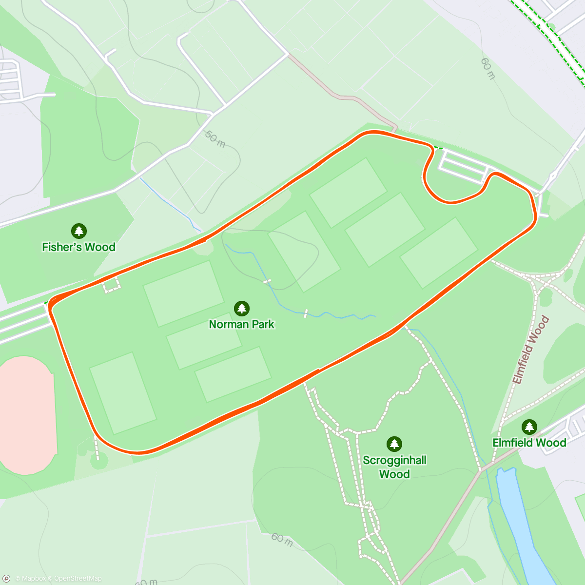 Map of the activity, Bromley park run.. parkrun time 23.54.(stuck at start again,too many running on the grass and cutting in) decided to progression run...forgot to switch the
 garmin off at the finish🤪...all the excuses are borrowed off Ian Sadler 🤣🤣🤣 av 135