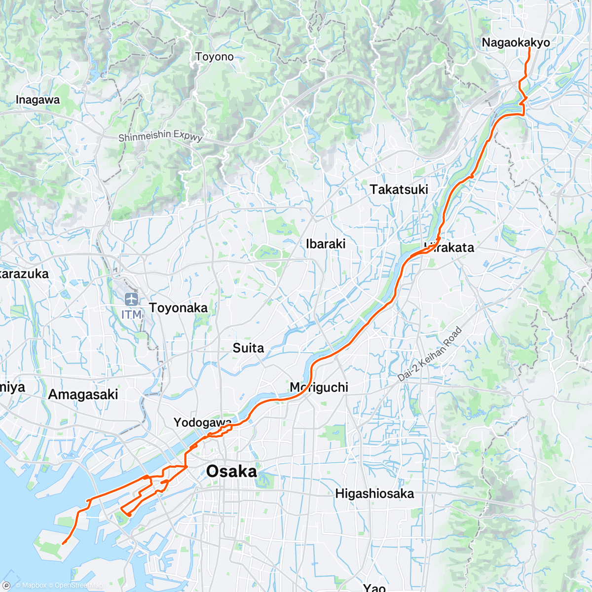 Map of the activity, 20250427-京都から大阪万博2025会場の専用自転車置き場まで行って、USJ入口に寄って帰ってきました(^_^)ﾉ