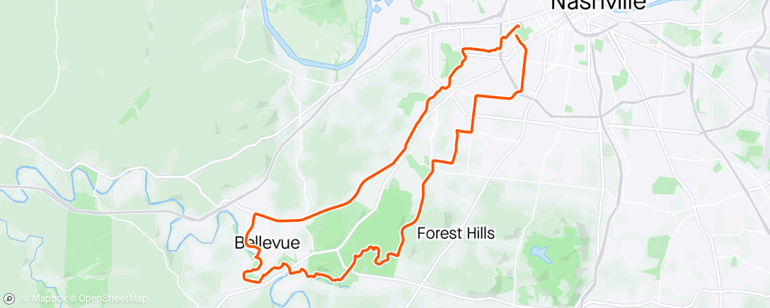 Map of the activity, Group ride from the Parthenon to Bellevue through Percy Warner Park, down Belle Meade Blvd and back to Centennial Park.