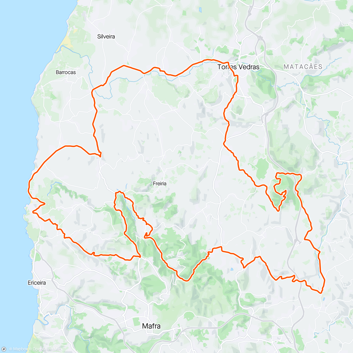 Map of the activity, Set out to do the Torres Vedras Granfondo but made a wrong turn and ended up doing the mediofondo.