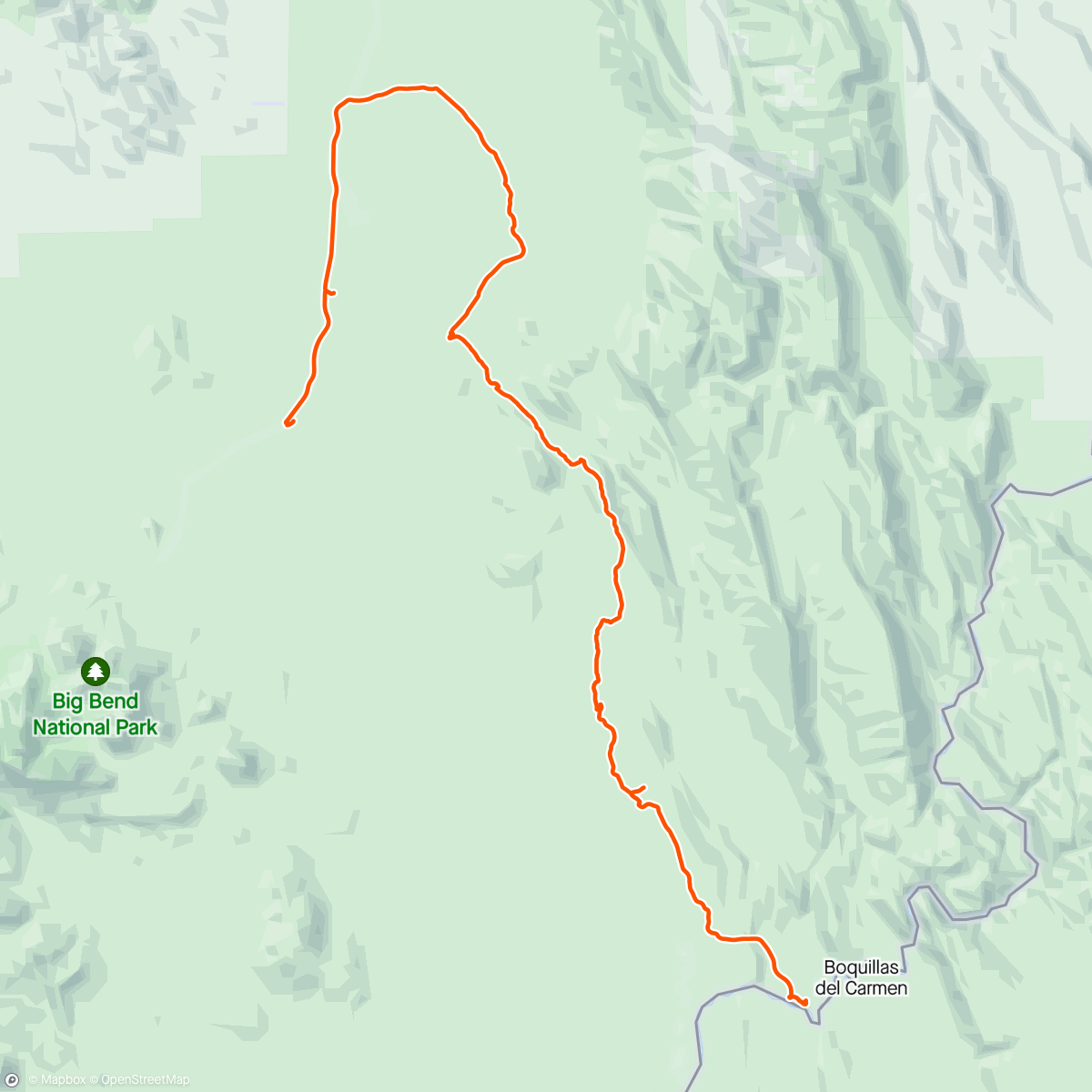 Map of the activity, Spinistry Big Bend Adventure - Day 1; Old Ore Road south to north.